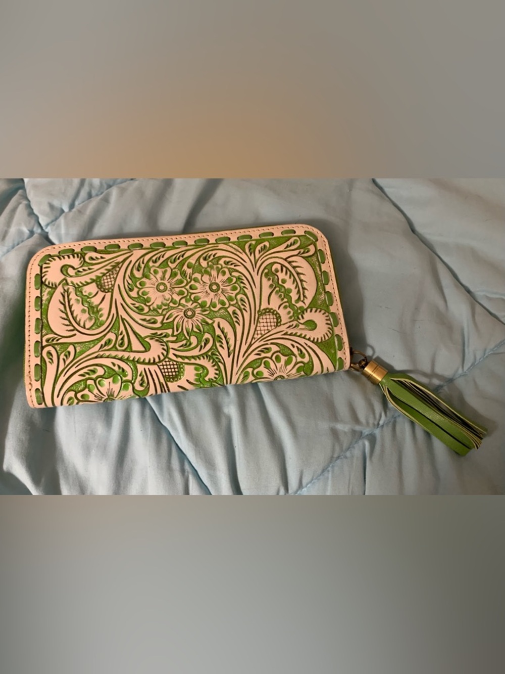 Myra Bag Green Floral Tooled Zip Wallet with Tassel